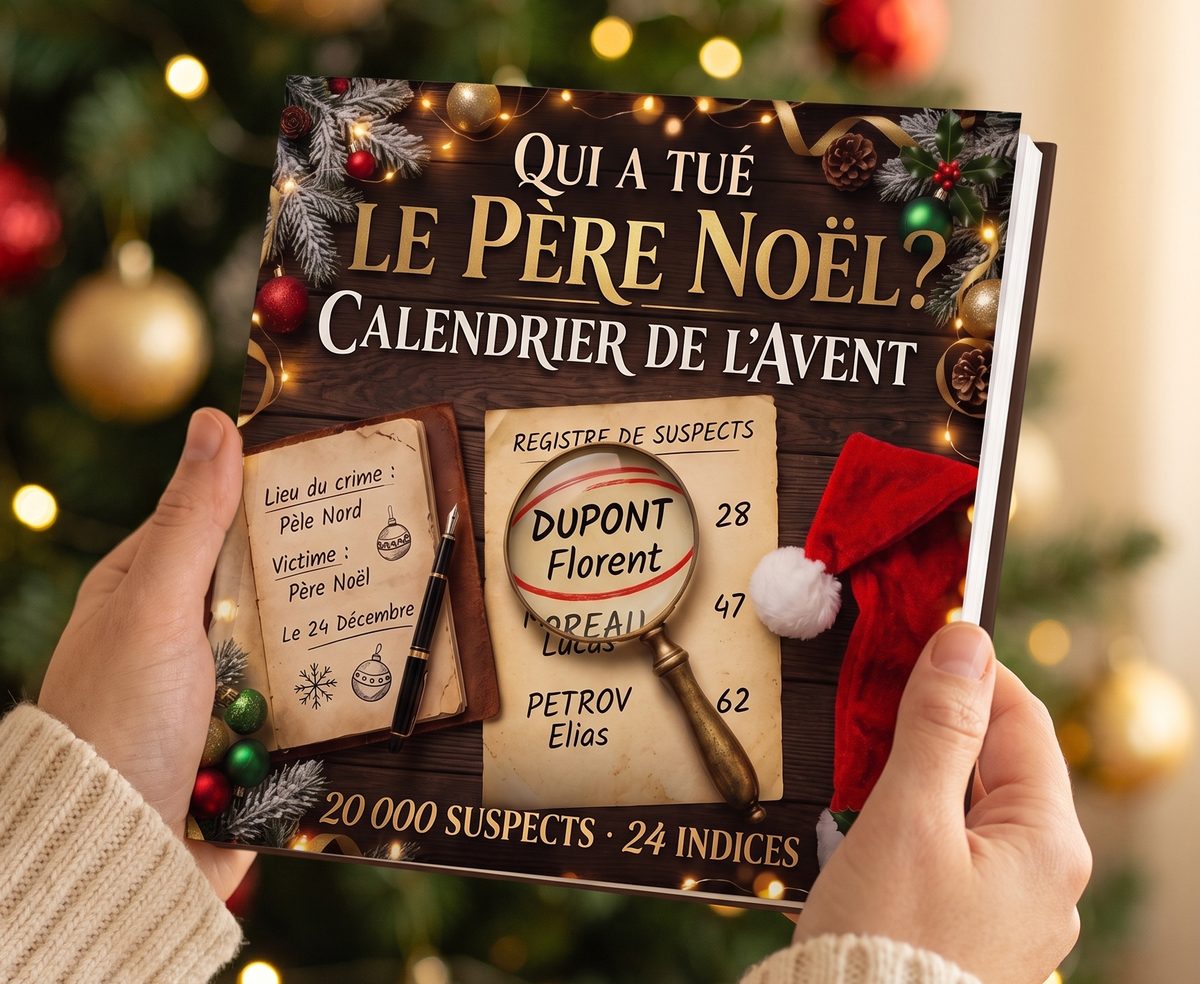 Des mains tenant le livre Qui a tué le Père Noël ? Calendrier de l’Avent devant un sapin de Noël
